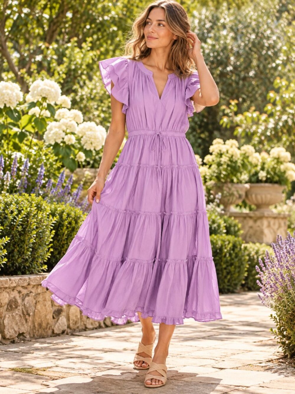 NWOT Anthropologie PINCH Lavender Flutter Sleeve Tiered Cotton Midi Dress S